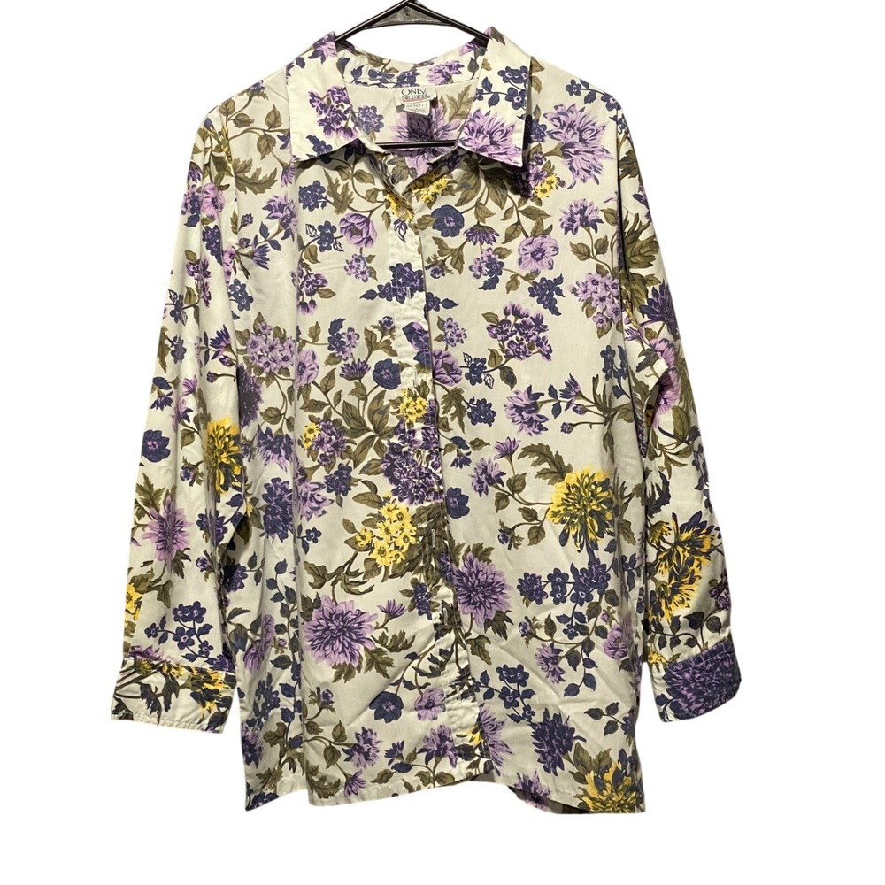 Only Necessities Womens Large Floral Button Down Shirt Purple Yellow Long Sleeve